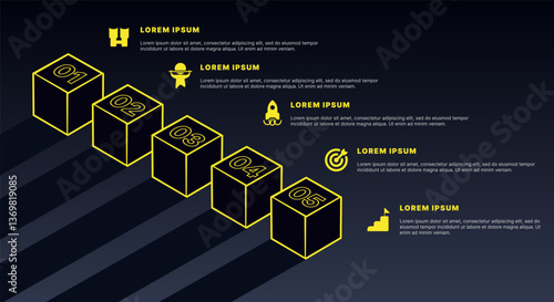 Modern infographic template for business presentations: step-by-step process with numbers, text blocks, and graphic elements for easy demonstration of a plan, strategy, or report.