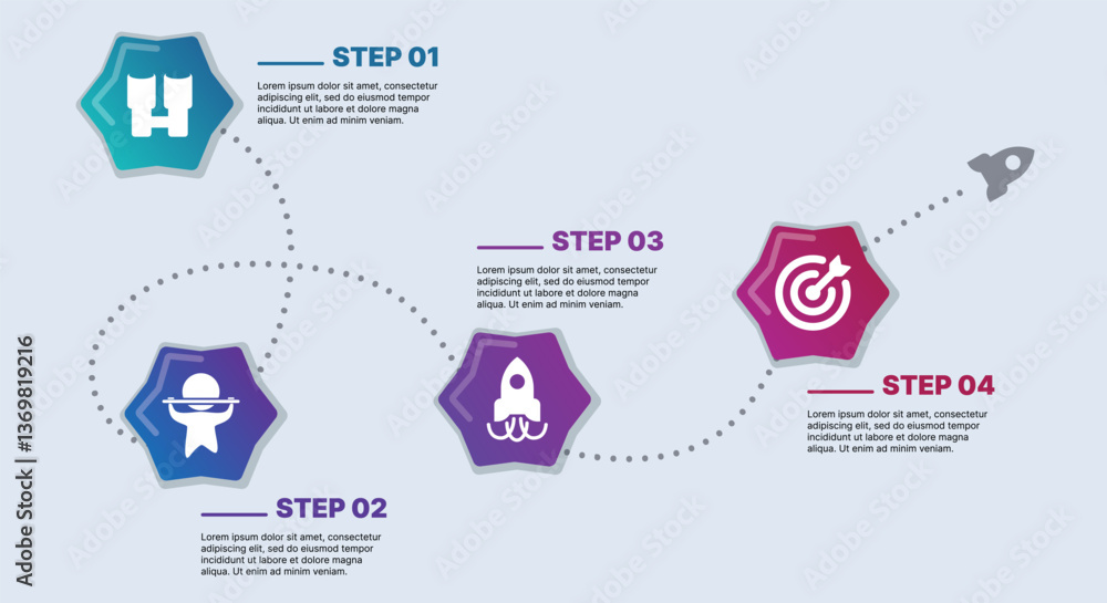 Modern infographic template for business presentations: step-by-step process with numbers, text blocks, and graphic elements for easy demonstration of a plan, strategy, or report.