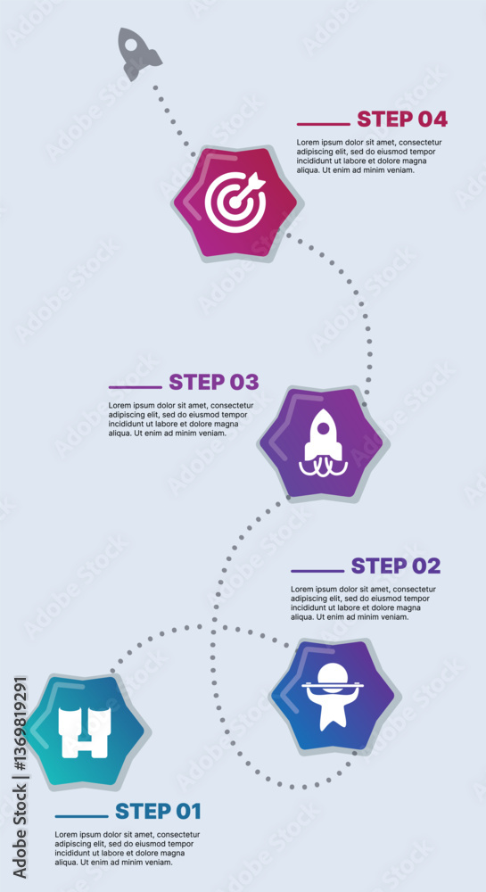 Modern infographic template for business presentations: step-by-step process with numbers, text blocks, and graphic elements for easy demonstration of a plan, strategy, or report.