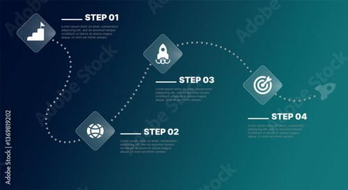 Modern infographic template for business presentations: step-by-step process with numbers, text blocks, and graphic elements for easy demonstration of a plan, strategy, or report.