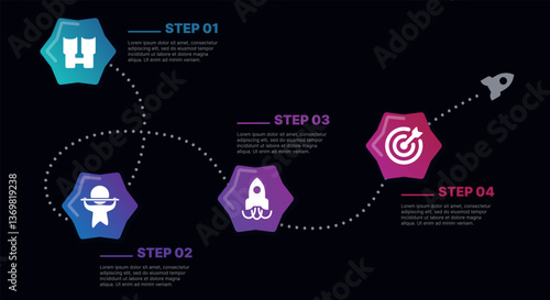 Modern infographic template for business presentations: step-by-step process with numbers, text blocks, and graphic elements for easy demonstration of a plan, strategy, or report.