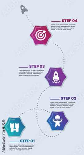 Obraz na płótnie Modern infographic template for business presentations: step-by-step process with numbers, text blocks, and graphic elements for easy demonstration of a plan, strategy, or report. w salonie