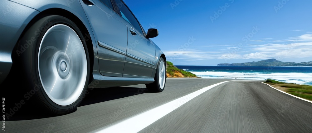 Fototapeta premium Scenic Ocean Drive with Modern Car and Scenic Coastal Landscape