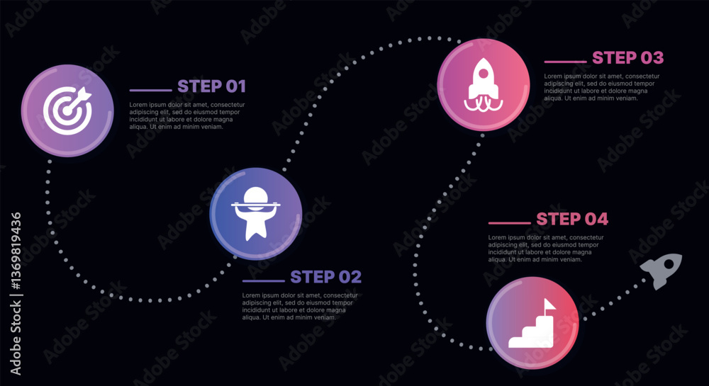 Modern infographic template for business presentations: step-by-step process with numbers, text blocks, and graphic elements for easy demonstration of a plan, strategy, or report.