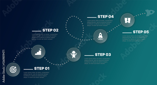 Modern infographic template for business presentations: step-by-step process with numbers, text blocks, and graphic elements for easy demonstration of a plan, strategy, or report.