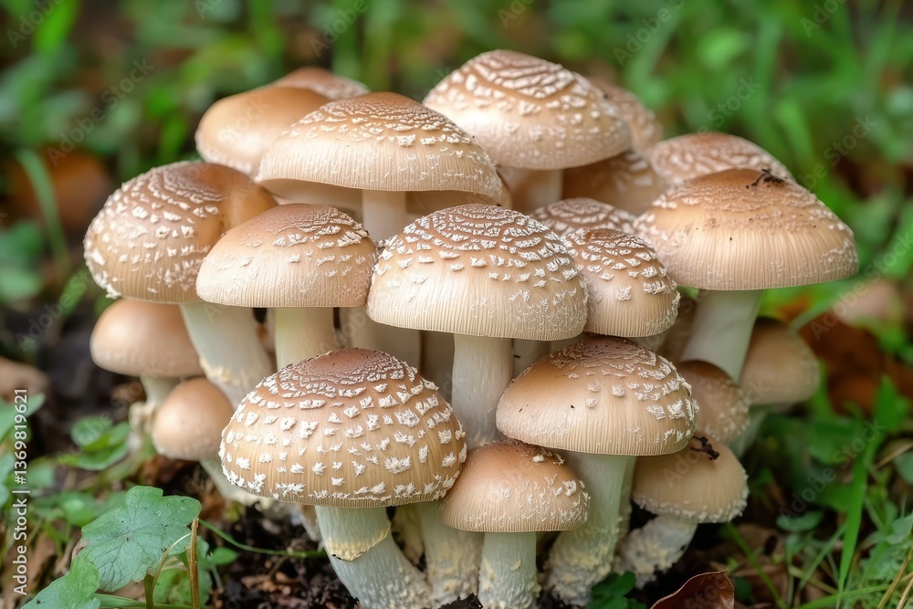 Obraz premium Cluster of Beautiful Wild Mushrooms Growing in Forest Environment