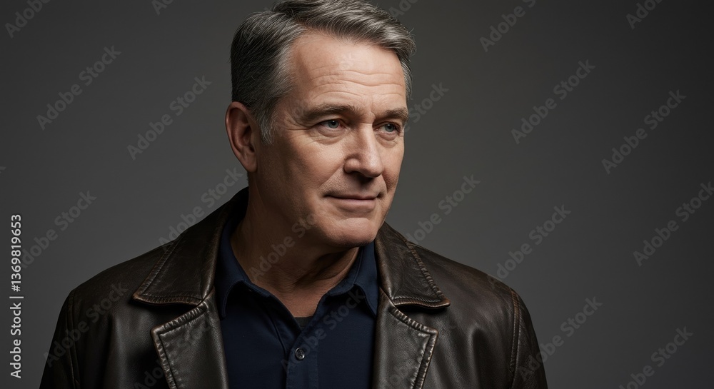 Fototapeta premium Portrait of Mature Man in Leather Jacket with Thoughtful Expression, Perfect for Business Profiles and Life Coaching Ads