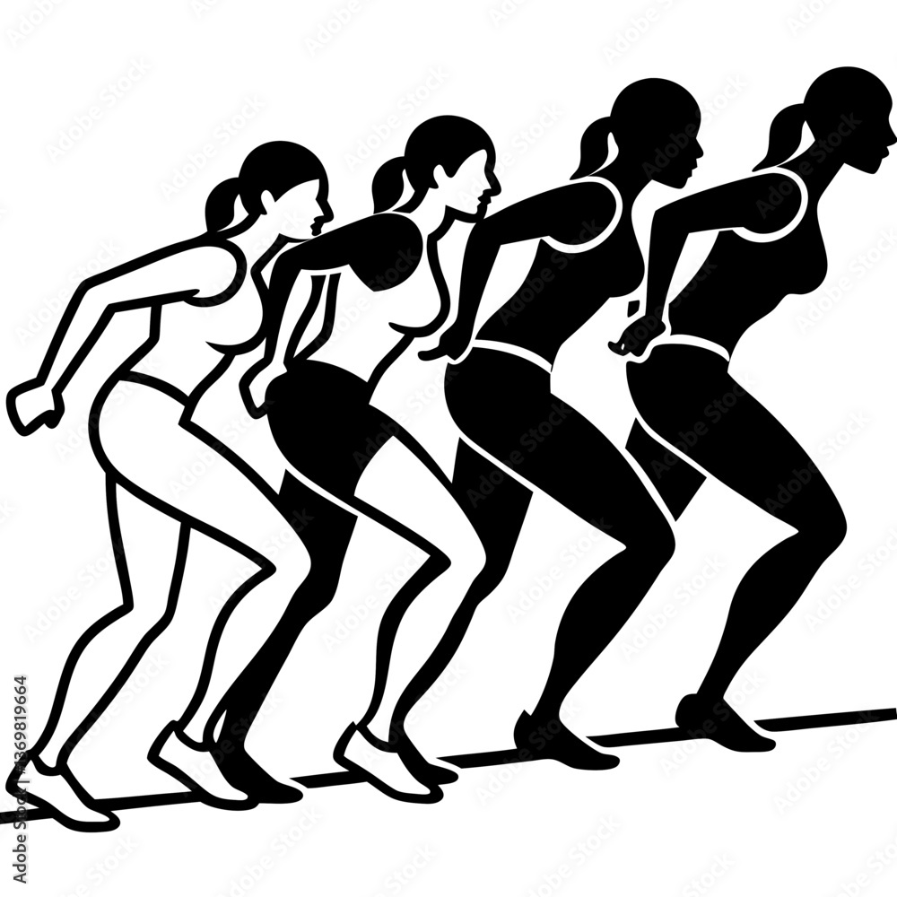 Line art vector silhouette of female multiple runners lined up on a track Line art vector silhouette of female multiple runners lined up on a track
