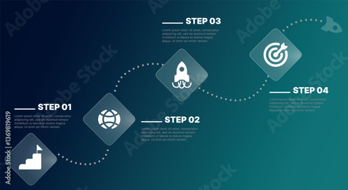 Modern infographic template for business presentations: step-by-step process with numbers, text blocks, and graphic elements for easy demonstration of a plan, strategy, or report.