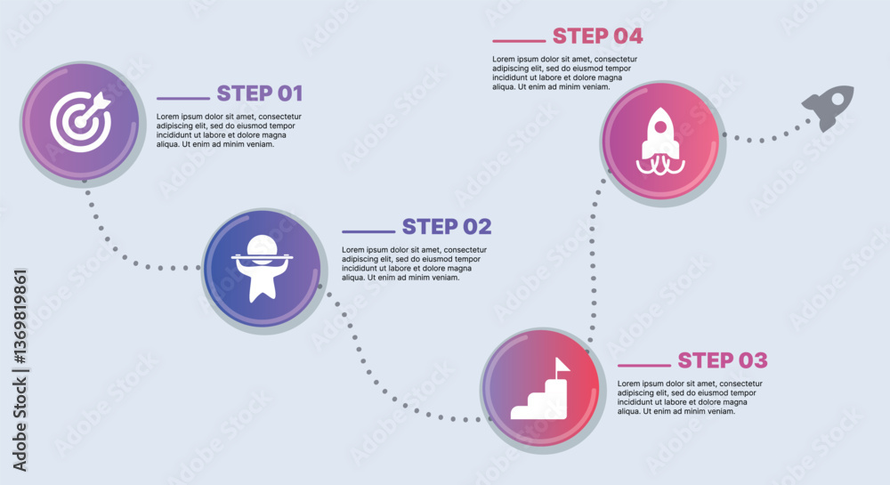 Modern infographic template for business presentations: step-by-step process with numbers, text blocks, and graphic elements for easy demonstration of a plan, strategy, or report.