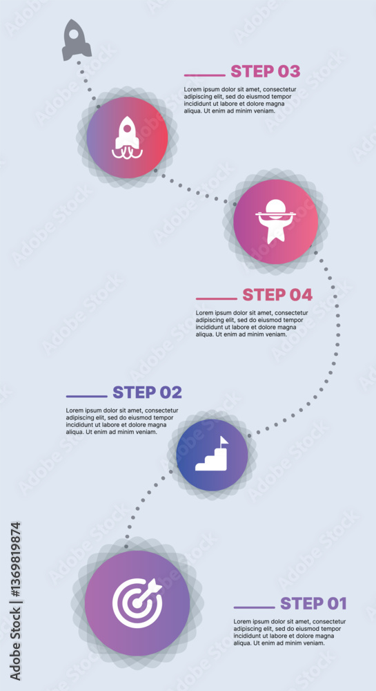 Modern infographic template for business presentations: step-by-step process with numbers, text blocks, and graphic elements for easy demonstration of a plan, strategy, or report.