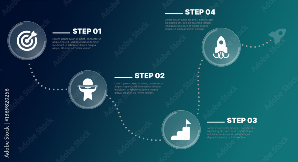 Modern infographic template for business presentations: step-by-step process with numbers, text blocks, and graphic elements for easy demonstration of a plan, strategy, or report.