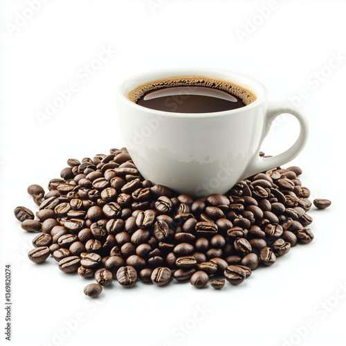 A cup of coffee and coffee beans