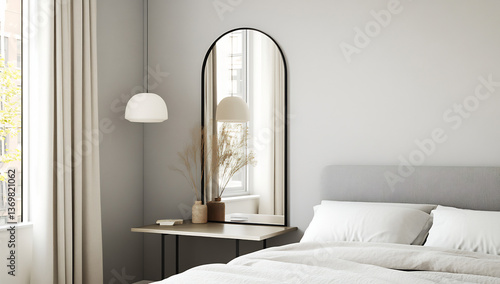 Modern bedroom, arched mirror reflects window view, minimalist decor