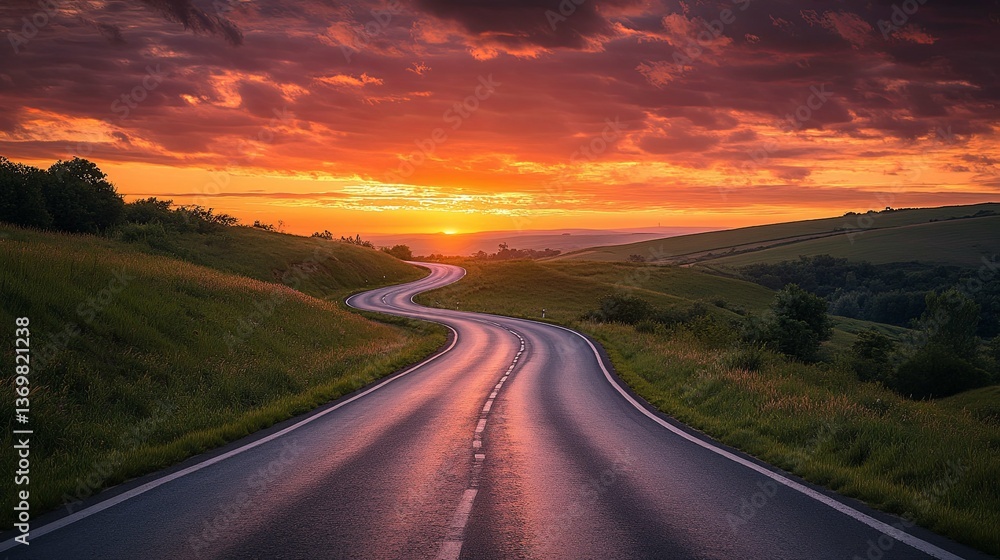 Naklejka premium A winding road under a vibrant and colorful sunset sky