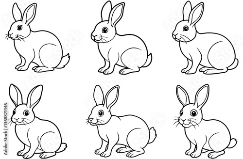 Six Cartoon Rabbits in Simple Black and White Outlines, Isolated on White Background