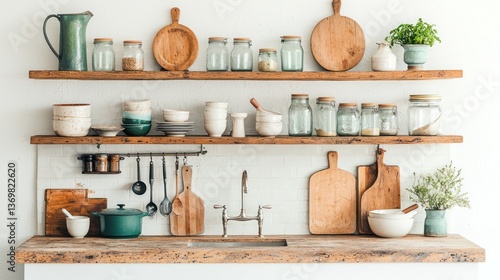 Rustic kitchen shelves display jars, bowls, utensils, and cutting boards.  A farmhouse sink is below