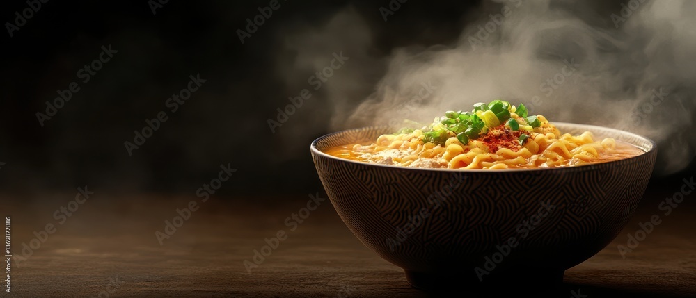Steaming Bowl of Delicious Noodles with Chopped Green Onions Steaming Bowl of Delicious Noodles with Chopped Green Onions