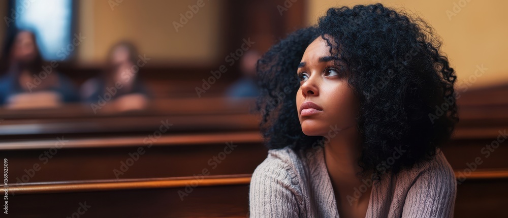 Fototapeta premium Contemplative Young Woman in Courtroom Setting with Wooden Bench
