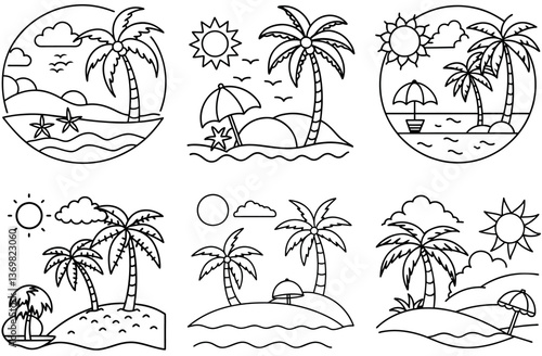 Six Outline Summer Beach Scenes, Palm Trees, Sun, Clouds, Islands, Umbrella, Starfish