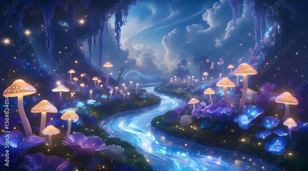 Obraz premium Dreamlike Night Setting with Vibrant Mushrooms and Shimmering River