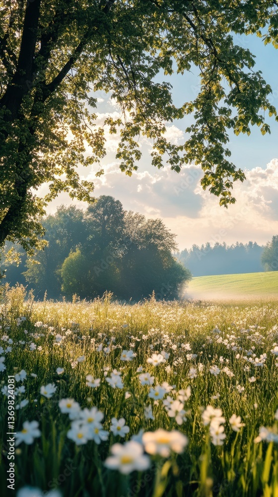 Fototapeta premium Serene Meadow with Wildflowers and Trees on a Sunny Day