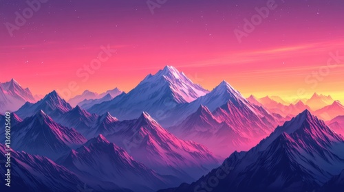 Majestic Mountains at Sunset: A breathtaking vista of towering mountains painted in the vibrant hues of a setting sun, showcasing the raw power and beauty of the natural world.