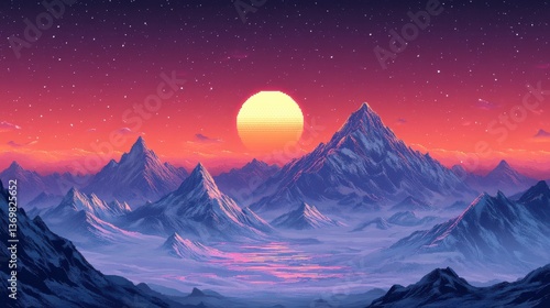 Celestial Majesty: A breathtaking landscape of snow-capped mountains under a vibrant sunset, showcasing a serene and majestic panorama.