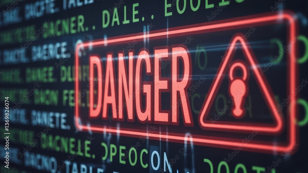 Fototapeta premium Close-up of a glowing red warning sign symbolizing cyber threats and digital security risks, representing online safety, data protection, and internet vulnerability concepts.