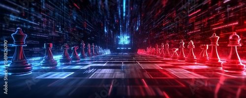 Chess pieces in a digital battlefield with red and blue lighting