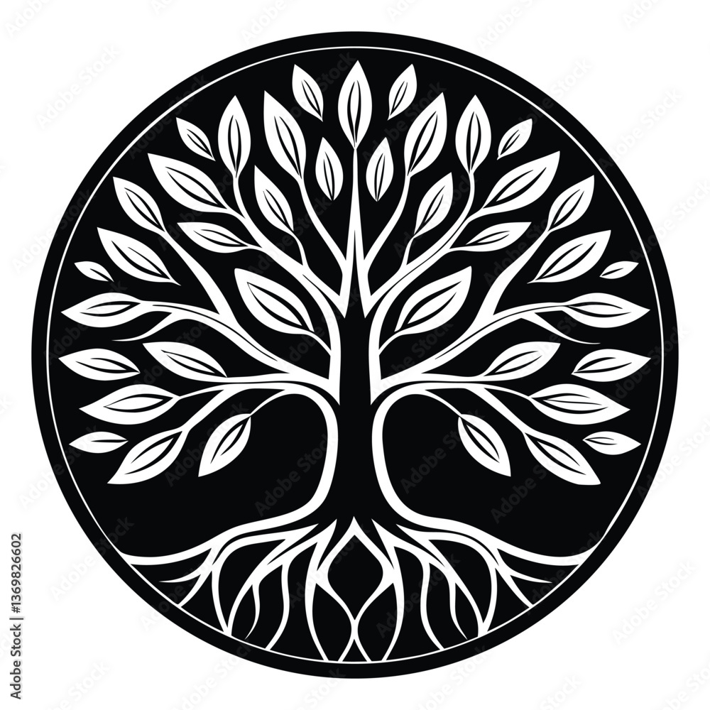 Black and White Ornamental Vector Tree with Floral and Tribal Elements Black and White Ornamental Vector Tree with Floral and Tribal Elements