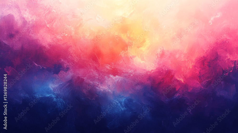 Abstract painting featuring a blend of pink red yellow and blue colors in a dreamy cloud like style. Abstract painting featuring a blend of pink red yellow and blue colors in a dreamy cloud like style.