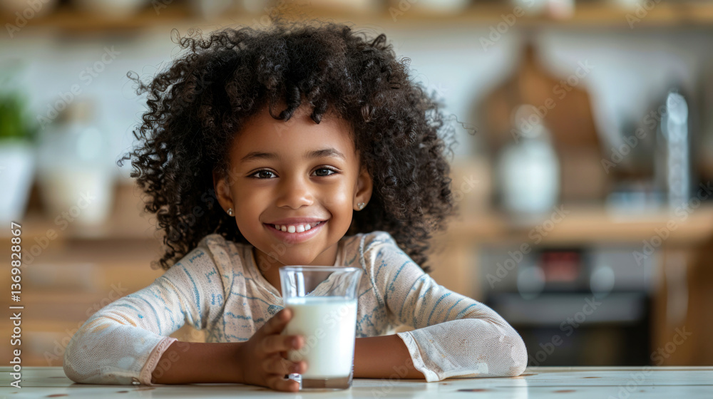 Happy little cute black girl is sitting at kitchen table and holding glass of milk in her hands. Smiling child. On background of blurred kitchen. Healthy eating concept. Close-up. Copy space for text Happy little cute black girl is sitting at kitchen table and holding glass of milk in her hands. Smiling child. On background of blurred kitchen. Healthy eating concept. Close-up. Copy space for text
