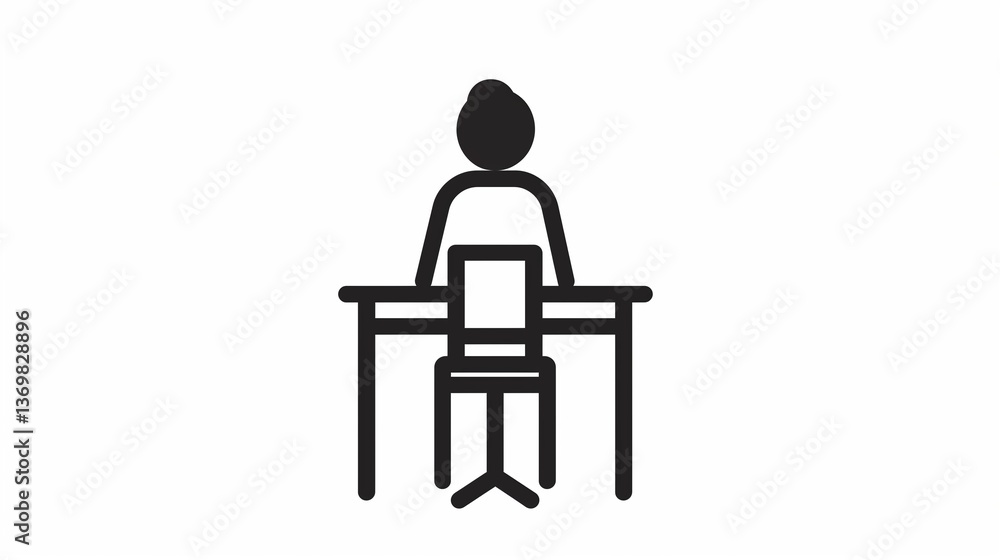 A person sitting at a desk icon, symbolizing office work, outlined on a white background. A person sitting at a desk icon, symbolizing office work, outlined on a white background.