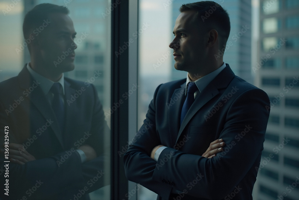 Fototapeta premium A businessman in a suit contemplates the cityscape from a high-rise office window, reflecting success and ambition against the urban skyline.
