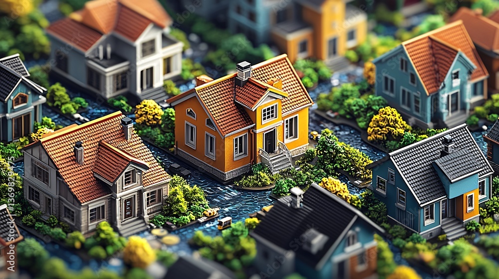 High-resolution illustration of a quaint small town with houses depicting real estate landscape High-resolution illustration of a quaint small town with houses depicting real estate landscape