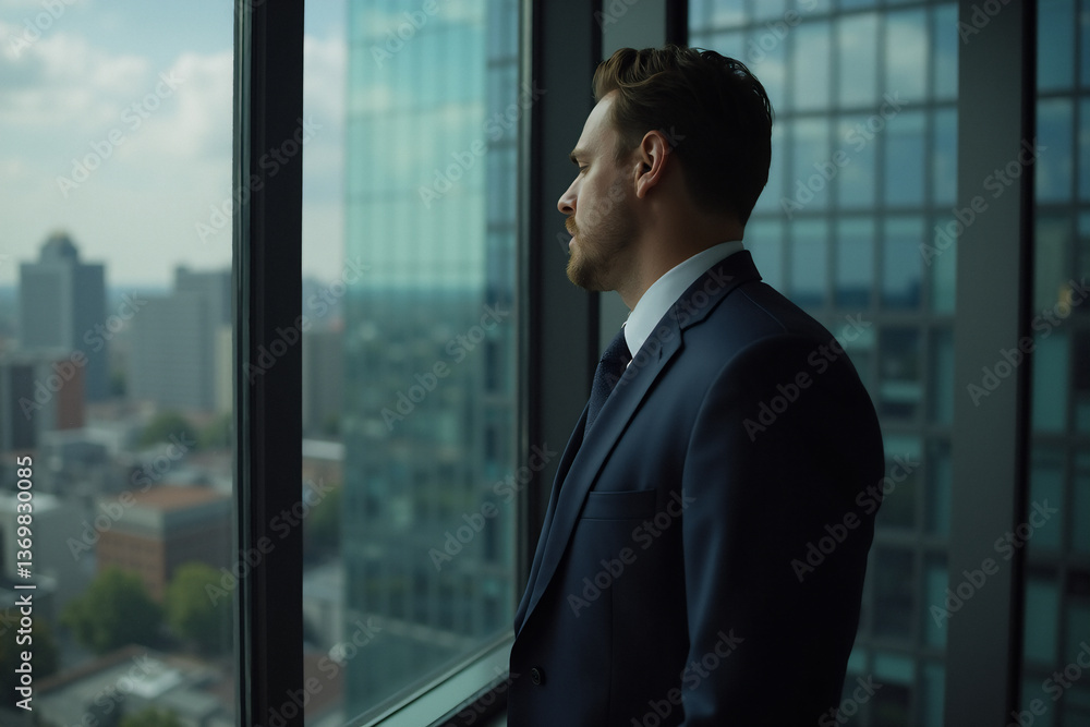 A man in a suit gazes out a large window, observing the cityscape from a high-rise building. The view includes other buildings and a bright sky. He appears thoughtful in a professional environment. A man in a suit gazes out a large window, observing the cityscape from a high-rise building. The view includes other buildings and a bright sky. He appears thoughtful in a professional environment.
