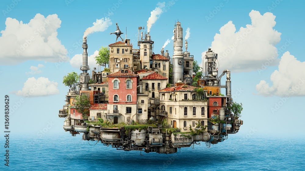 Obraz premium Pixel Art Floating Island Cityscape Industrial and Residential Buildings above Calm Blue Sea