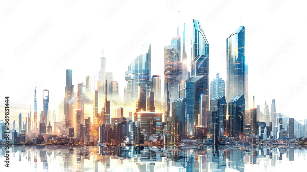 Fototapeta premium Cityscape Reflections: A mesmerizing, photorealistic rendering of a futuristic cityscape, showcasing towering skyscrapers that mirror themselves in the calm water below.
