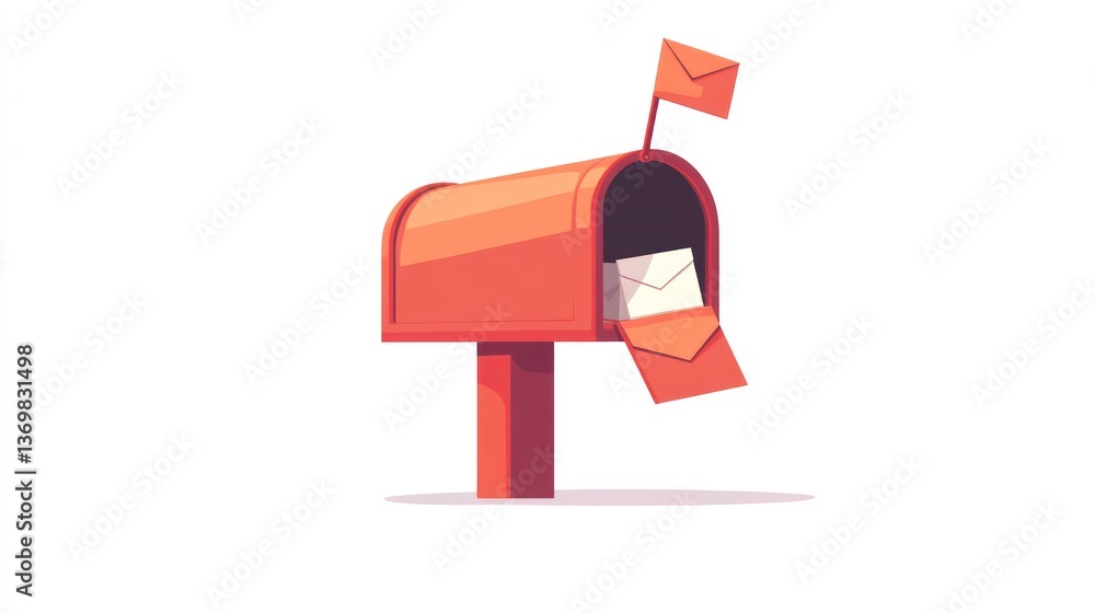 A red post box with a raised flag, the door opens to reveal several envelopes and a postcard, against a white backdrop. A red post box with a raised flag, the door opens to reveal several envelopes and a postcard, against a white backdrop.