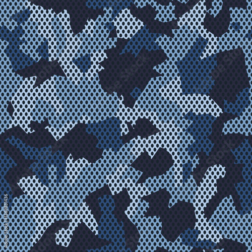 Vector camouflage seamless mesh pattern. Navy blue geometric camo design for t-shirt. Military fabric texture with holes. Army background