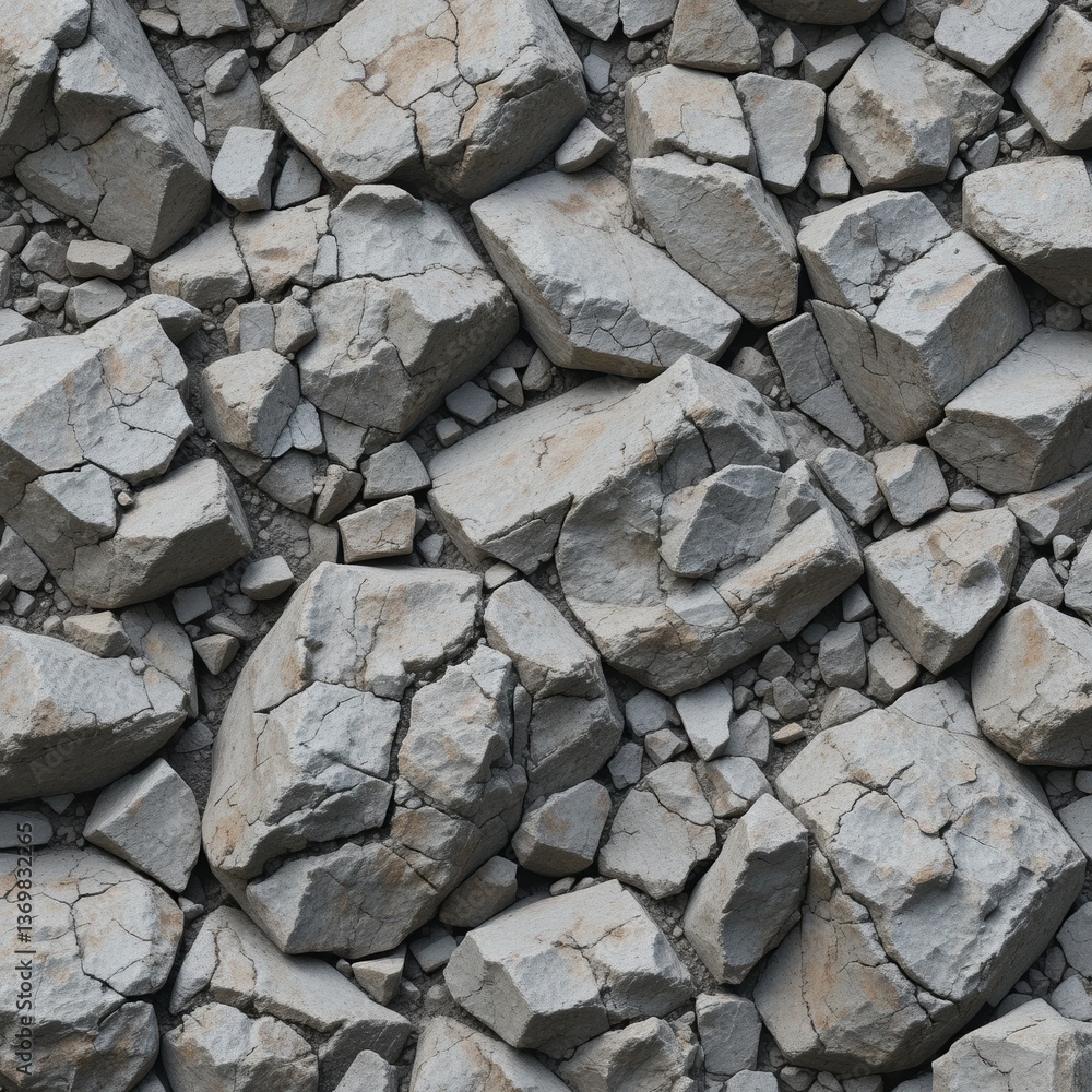 Fototapeta premium The background is a dense pattern of gray stones of various shapes and sizes. The textured surface with cracks and chips creates an interesting visual effect.