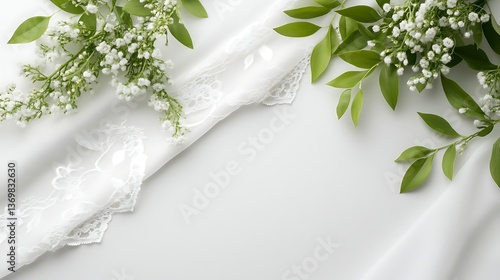 White Lace Fabric with Green Leaves and Small White Flowers