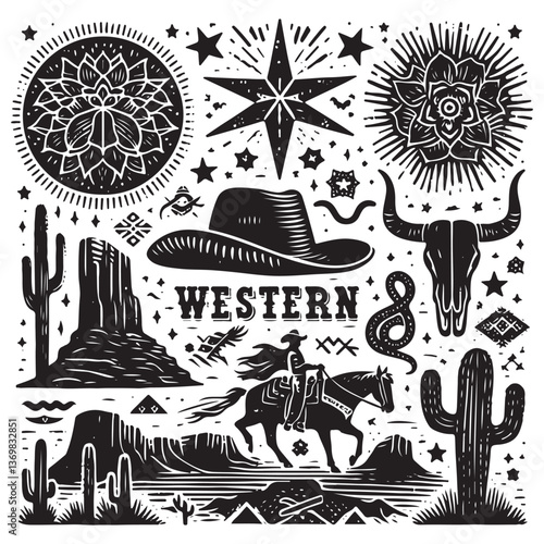 Linocut western boho set, Texas desert engraving print collection, vector canyon wildlife, cactus. Texture grunge Arizona rodeo graphics, bull, horse, snake, skull silhouette.