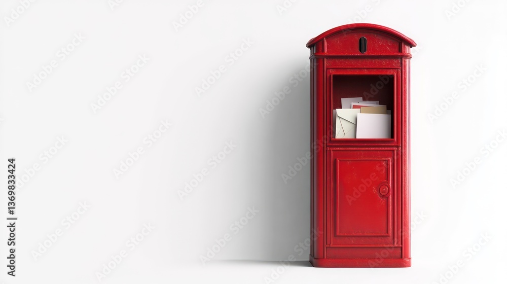 Obraz premium A red post box with a raised flag, the door opens to reveal several envelopes and a postcard, against a white backdrop.