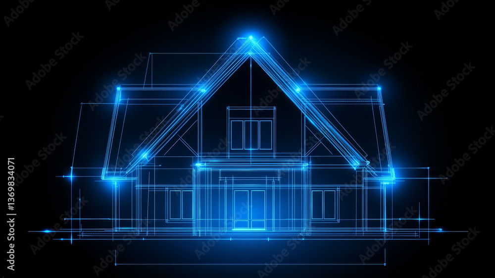 high resolution image of architectural blueprint showcasing modern house design with glowing blue lines and dark background, evoking innovation high resolution image of architectural blueprint showcasing modern house design with glowing blue lines and dark background, evoking innovation