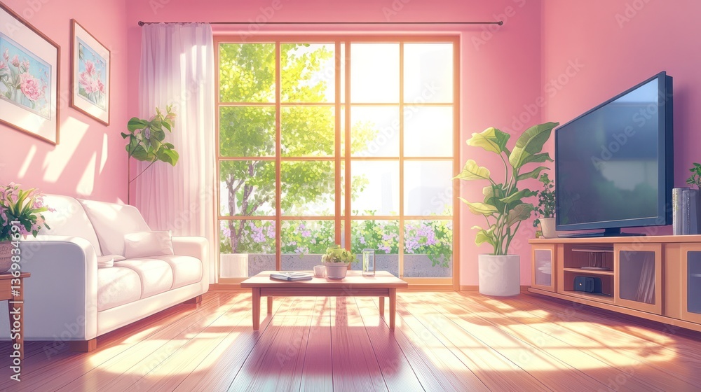 Fototapeta premium Pink living room with sunlight, relaxing home interior, modern design, great for poster