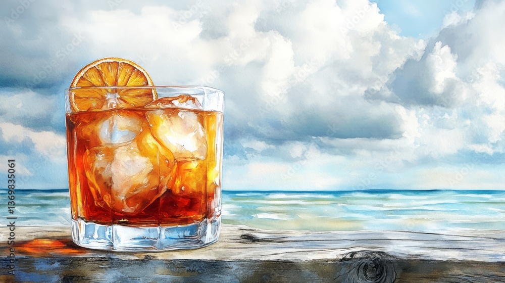 Orange cocktail with ice on wooden surface near ocean Orange cocktail with ice on wooden surface near ocean