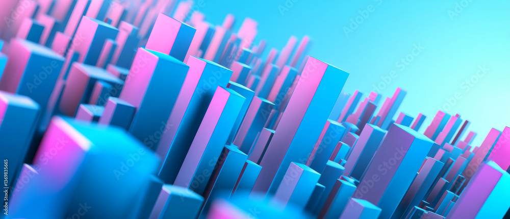 Fototapeta premium Abstract 3D render: Pink and blue geometric cityscape