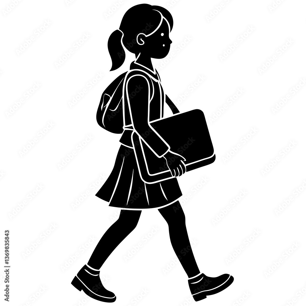A silhouette of a cute girl student walking into school with a laptop bag slung over her shoulder A silhouette of a cute girl student walking into school with a laptop bag slung over her shoulder
